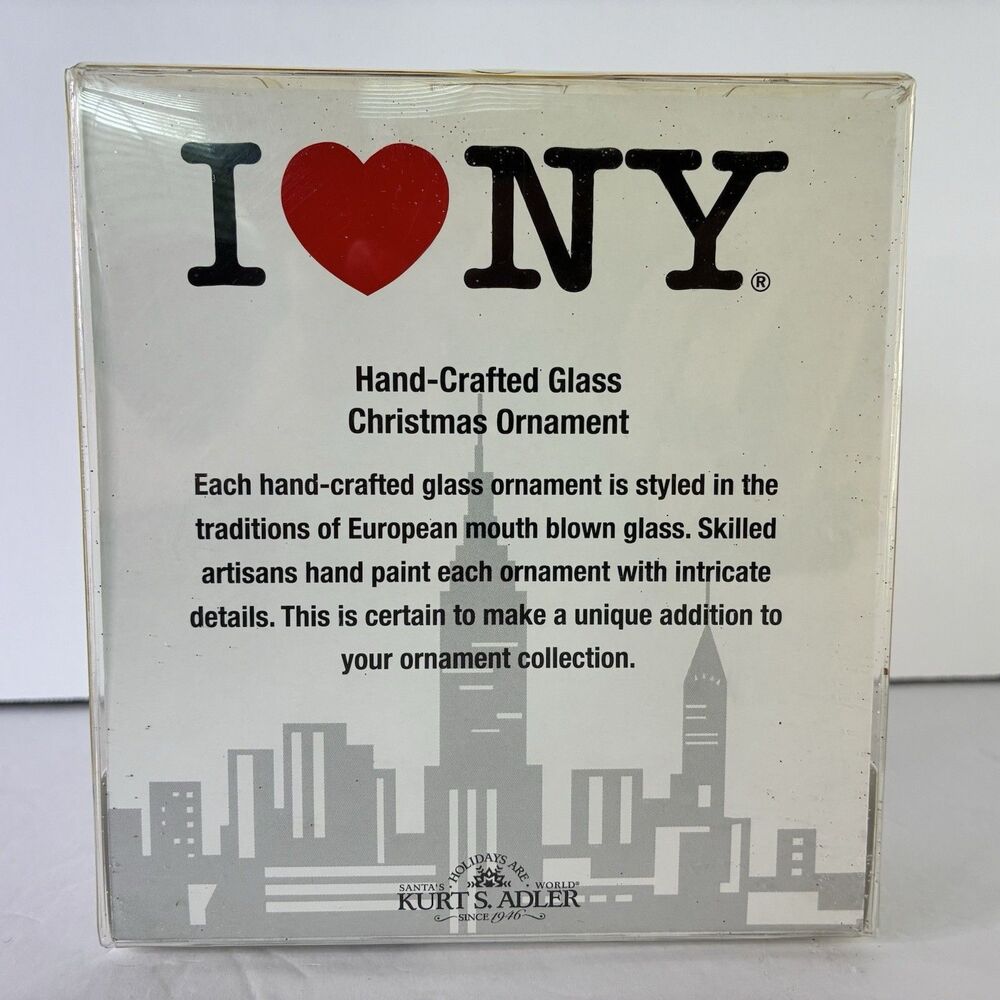 I Love NY New York Christmas Ornament Shopping Bag Package Blown Glass Adler NEW - Picture 3 of 5